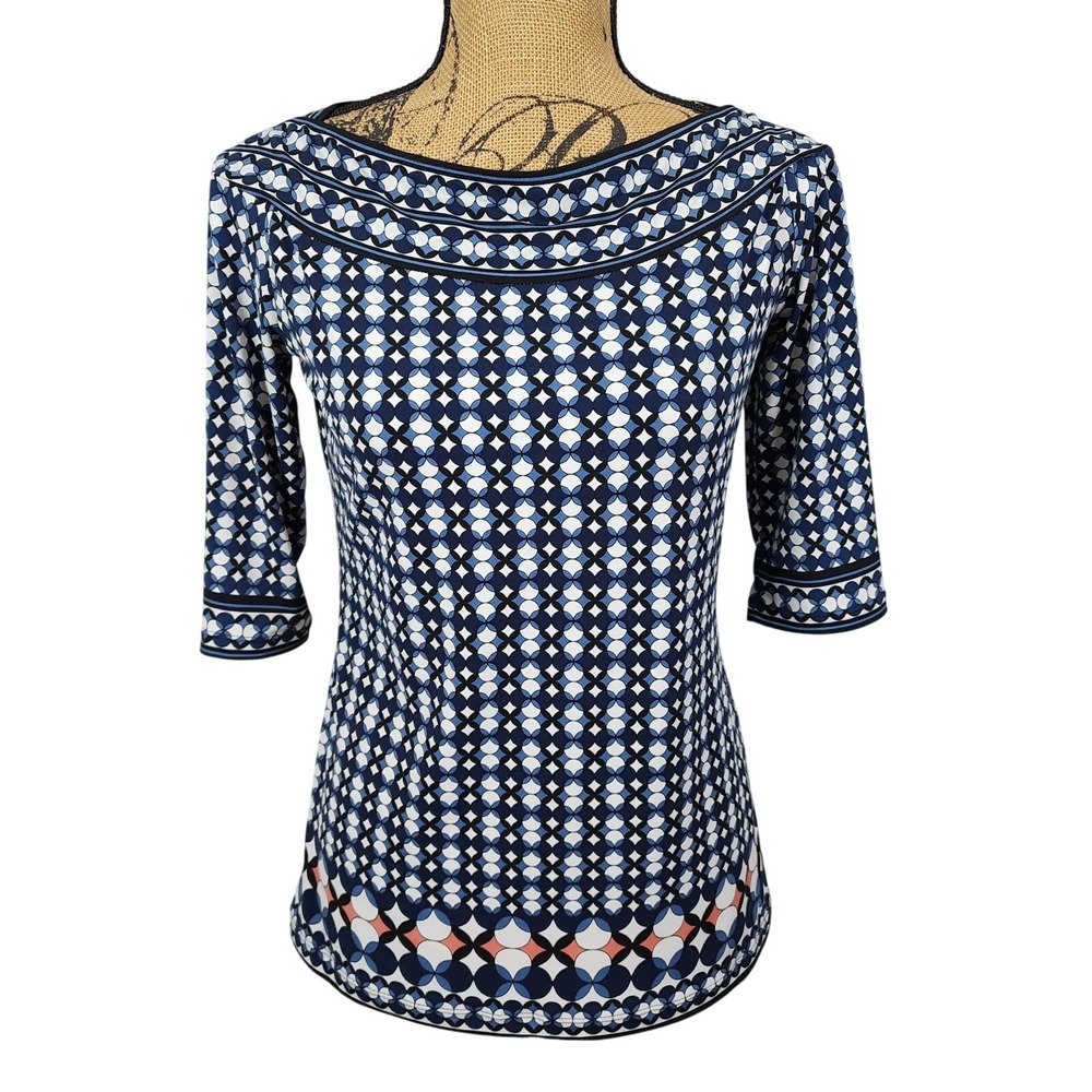 MAX STUDIO Size Small Geometric Bateau Neck Half Sleeve Stretch Knit Work Blouse